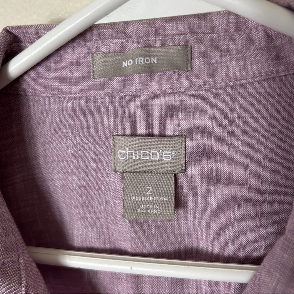 Chicos light purple no iron linen button up half sleeve shirt womens 12/14  2 - Picture 7 of 8